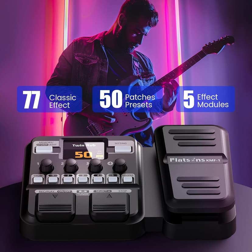 Flatsons KMF-1 Guitar Pedal, 77 Effects Guitar Multi Effects Pedal with 50 Preset, 42 Drum Rhythm, 18 Amp/Cab, Upgraded Color Screen, Aux In, Guitar Tuner Looper Expression Wah Volume Distortion Pedal