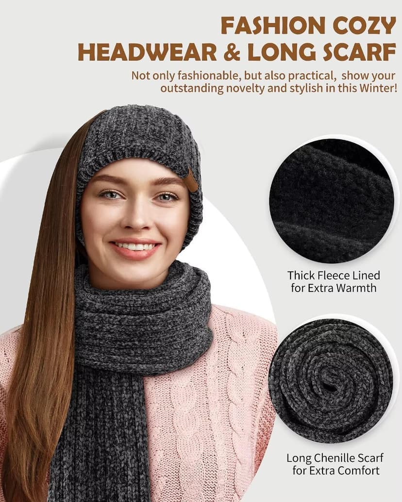 Women Beanie Scarf Gloves Headband Set, Chenille Winter Hats Fleece Lined Ear Warmer Knit Scarf Touchscreen Gloves 4 Gift Set