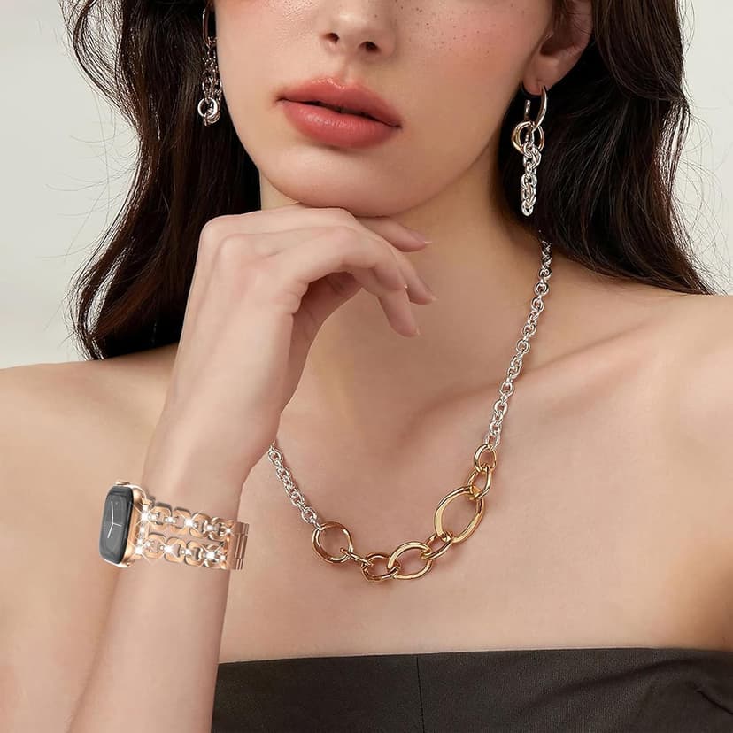 WINGLE for Apple Watch Band 42/46/38/40/41/44/45/49mm Women Designer Dressy Bands Fancy Chain Bracelet Stainless Steel Elegant Jewelry Metal Strap for iWatch Series 11 10 9 8 7 6 5 4 SE/Ultra 3 2 1