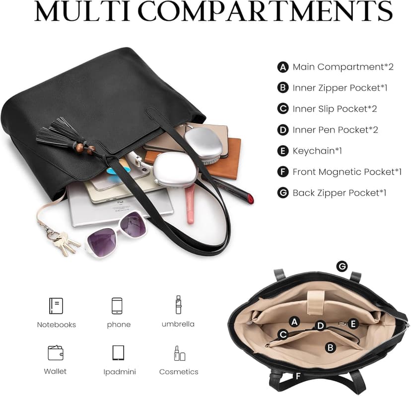 befen Genuine Leather Tote Bag for Women Work, Women's Tote Handbags Shoulder Satchel Purse with Compartments and Tassel