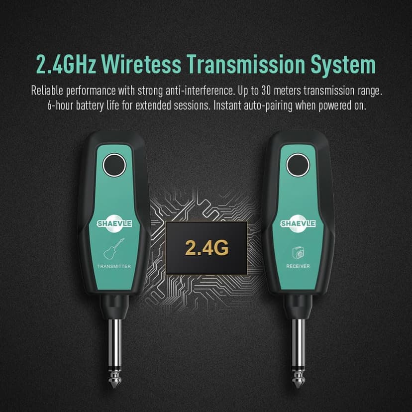 Wireless Guitar System 2.4GHz, Audio Wireless Transmitter Receiver with Rechargeable Battery, 30M/100ft Transmission Range, Auto Frequency Locking, for Guitar Bass Electric Instruments