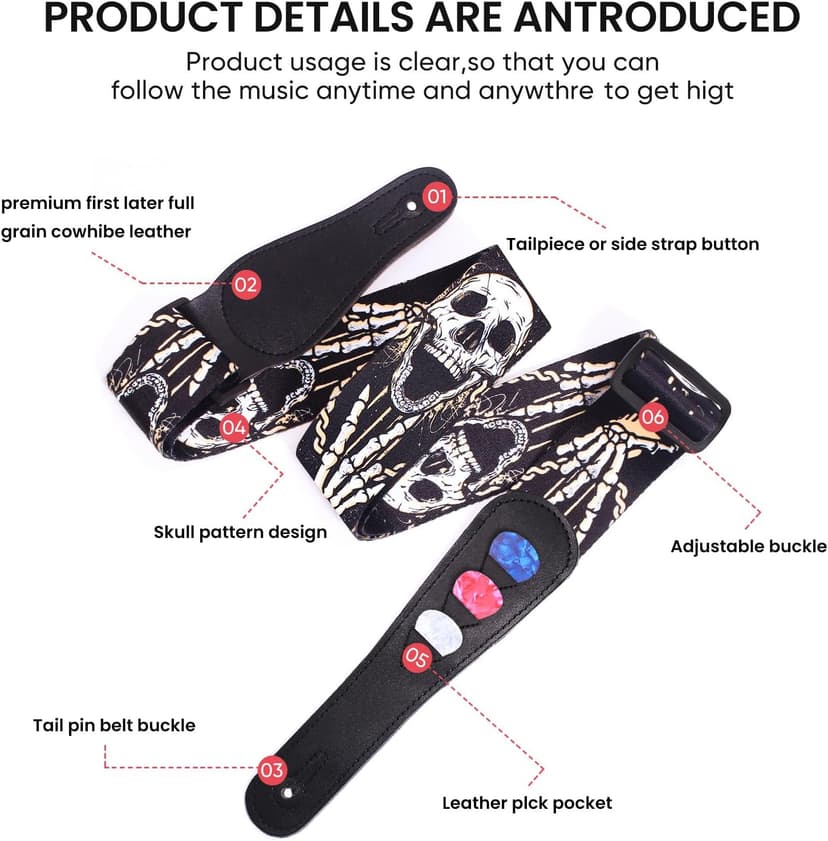 AARVI Guitar Strap Set for Bass/Electric/Acoustic Guitars Durable Multi-Purpose Music Accessory