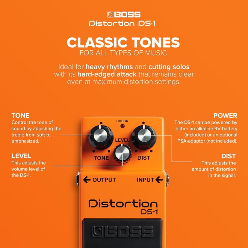 BOSS DS-1 Distortion | Compact Distortion Pedal | The Benchmark in Guitar Distortion | Hard-edged Attack & Smooth Sustain | Wide Tone Range