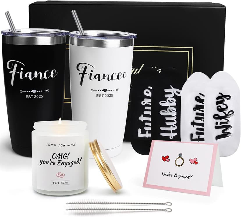 Engagement Gifts for Couples, Cool Wine Engaged Tumbler Gift Set Newly Presents for Women his and her him Fiance Fiancee Friend, Girlfriend Boyfriend Ideas with Straws, Socks, Candle & Greeting Card