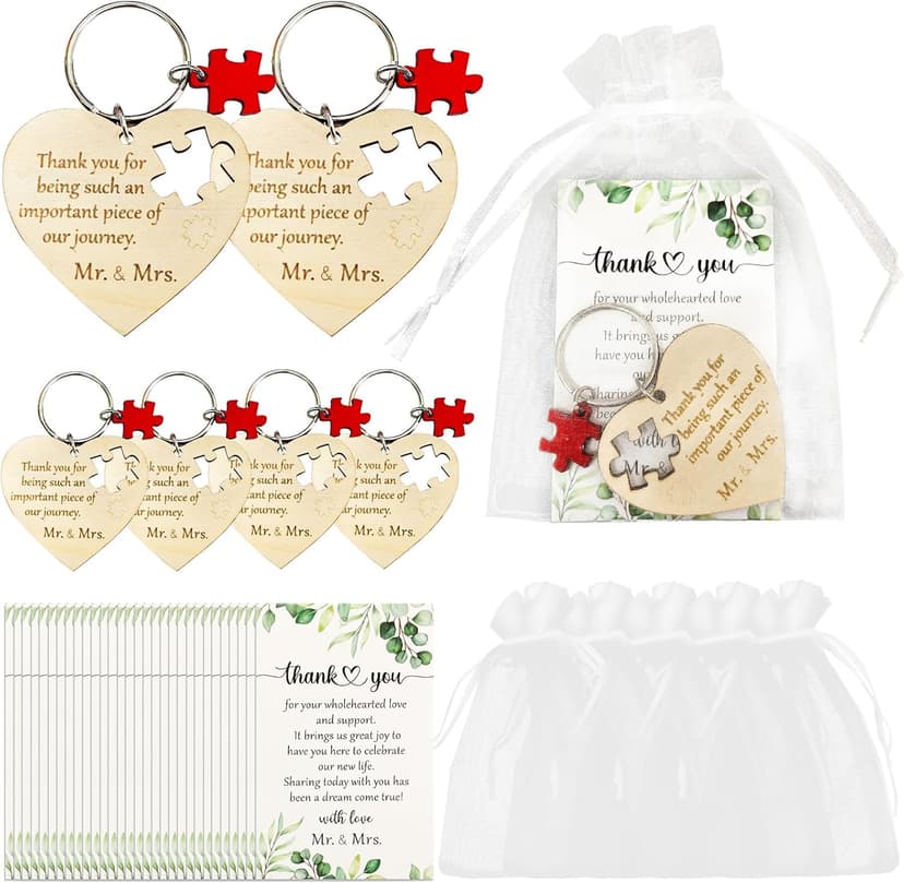 AerWo 50 Sets Wedding Favors for Guests, Wedding Party Favors with Rustic Wood Heart Puzzle Keychains Thank You Cards and Organza Bags, Wedding Gifts for Guests Wedding Bridal Shower Thank You Gifts