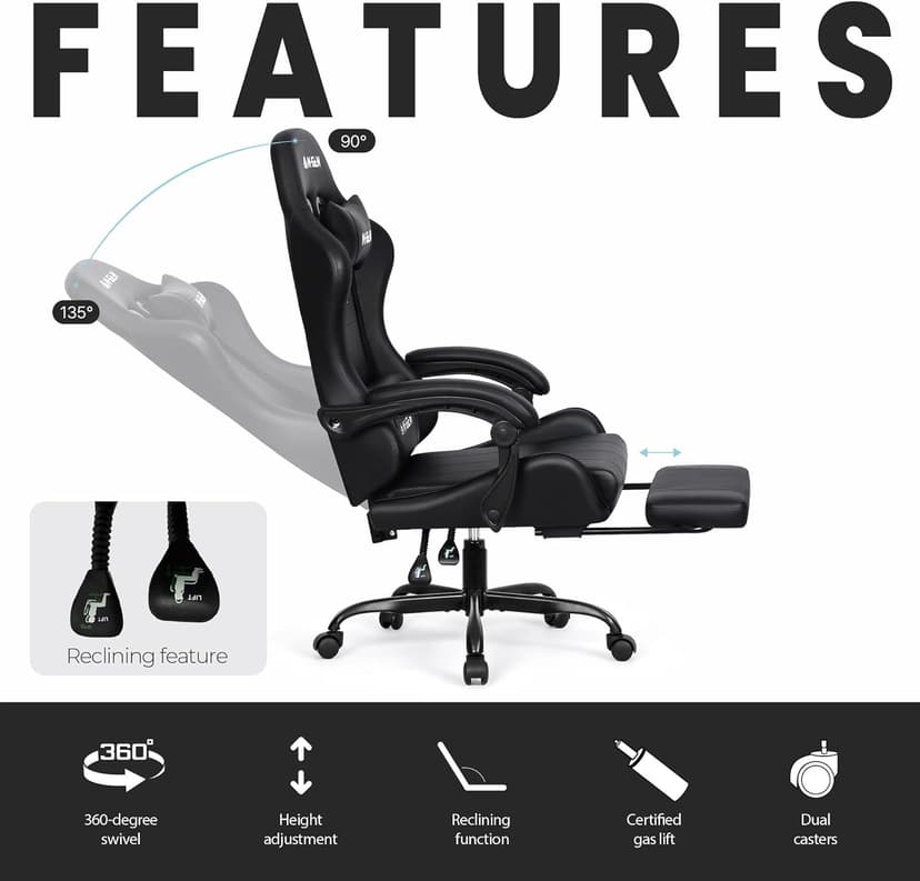 N-GEN GAMING Video Gaming Chair with Footrest Lumbar Support for Home Office High Back Recliner Height Adjustable Ergonomic Comfy Leather Computer Desk Chair (Black)