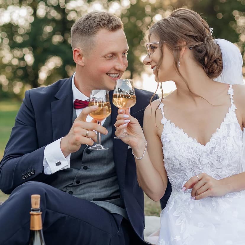 AW BRIDAL Wedding Gifts Bridal Shower Gifts Engagement Gift for Couples Newlyweds Mr & Mrs Wedding Wine Glasses Set of 2 - Wine Opener Wine Stopper with Engraved Wooden Keepsake Box