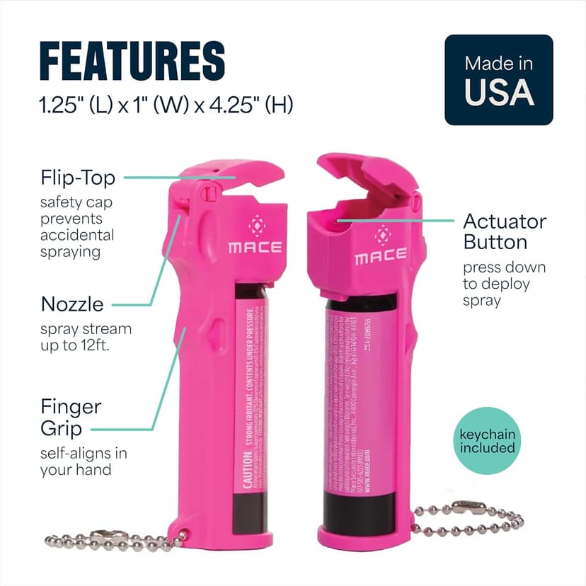 Mace Pepper Spray - Max Police Strength OC with UV Dye, Fast Flip Top, Ergonomic Finger Grip, 12 Feet Range, 0.63 oz Personal Model, Self Defense Pepper Spray for Women & Men