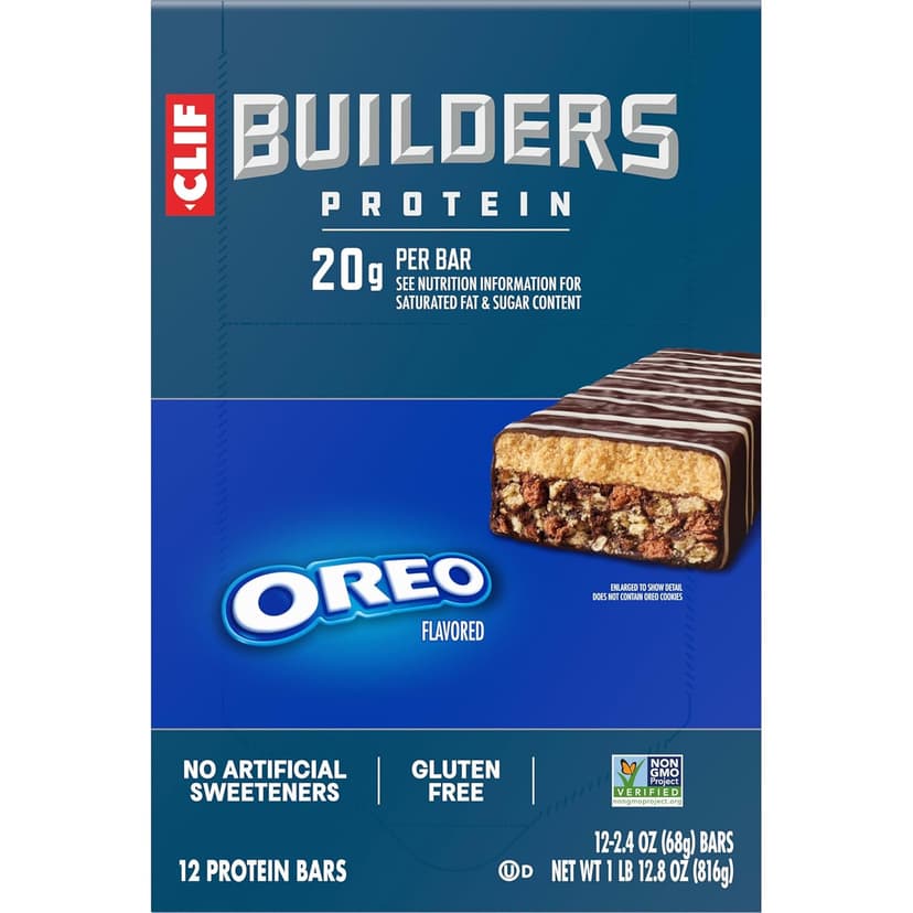 CLIF BUILDERS Protein Bars - OREO-Flavored - 20g Plant Based Protein - Gluten Free - Non-GMO - Low Glycemic - No Artificial Sweeteners - 2.4 oz. (12 Pack)
