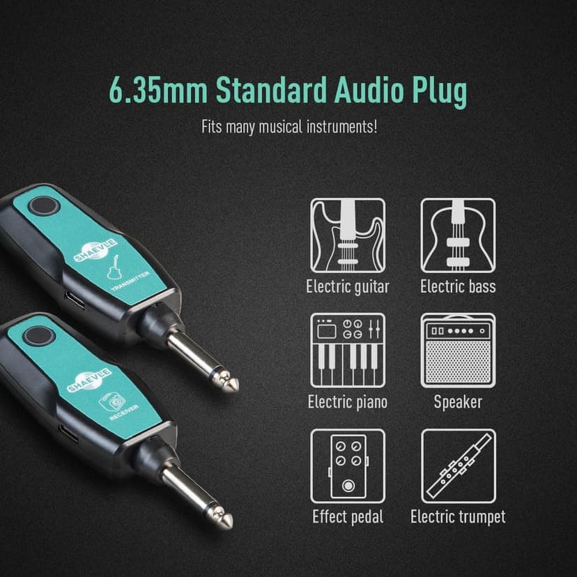 Wireless Guitar System 2.4GHz, Audio Wireless Transmitter Receiver with Rechargeable Battery, 30M/100ft Transmission Range, Auto Frequency Locking, for Guitar Bass Electric Instruments