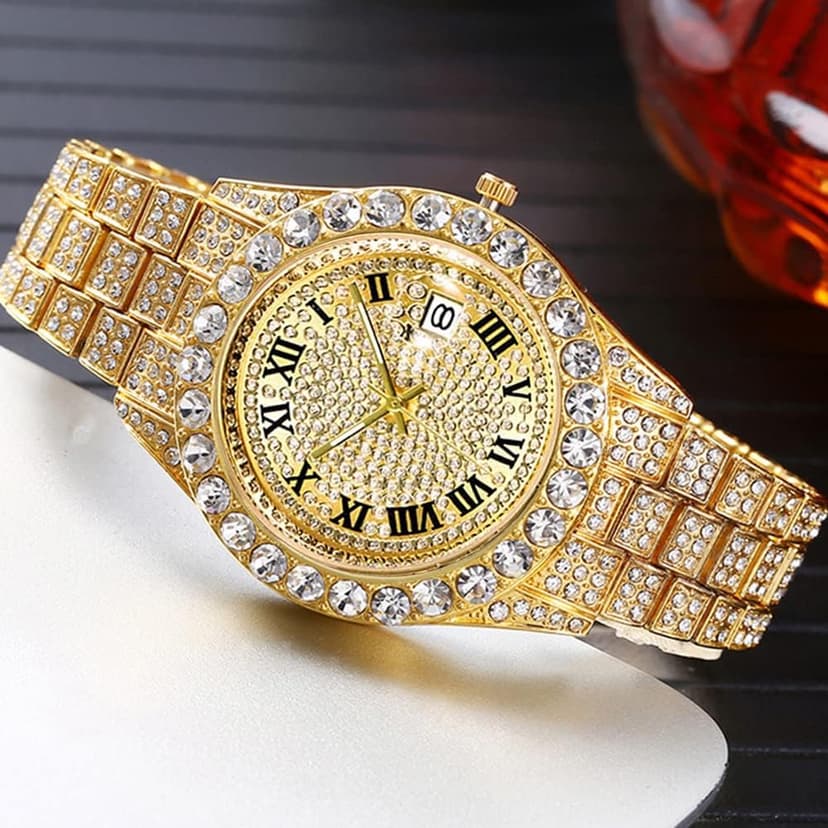 HUNRUY Hip Hop Watches for Men Iced-Out Bling Diamond Luxury Quartz Watches with Date