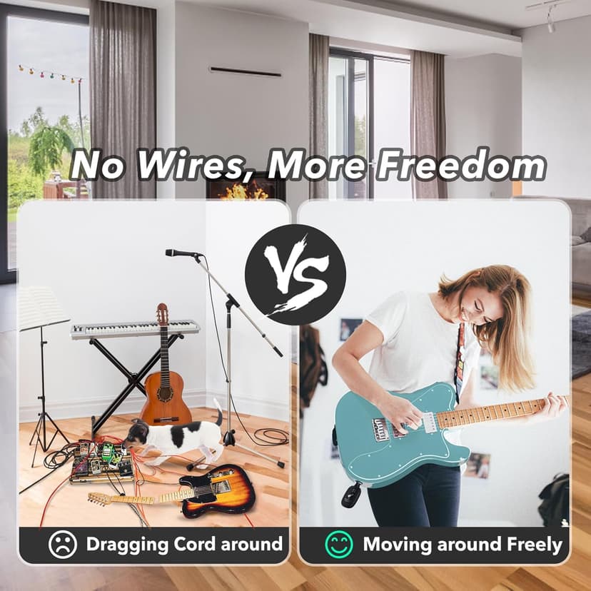 A8 Wireless Guitar Transmitter Receiver System, 2.4GHz Rechargeable, 24-bit/48KHz Audio, Low Latency <4ms for Electric Guitar & Bass, Wireless Audio Transmitter & Receiver (A8(1TX+1RX))