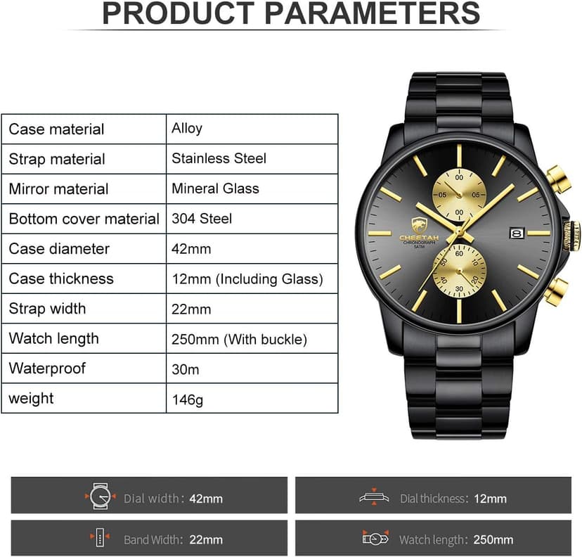 GOLDEN HOUR Fashion Business Mens Watches with Stainless Steel Waterproof Chronograph Quartz Watch for Men, Auto Date