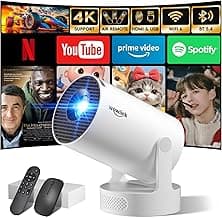 [Built-in Apps & 2025 Upgraded] Mini Projector with WiFi 6 and Bluetooth 5.4 Support 4K 1080P Auto Keystone 180° Rotatable Projector Portable Compatibile with HDMI/TV Stick/Memory Stick/Laptop, White
