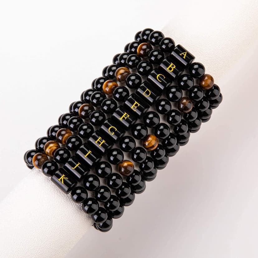 FRG Initials Bracelets for Men Letter Link Handmade Natural Black Onyx Tiger Eye Stone Beads Braided Rope Meaningful Bracelet