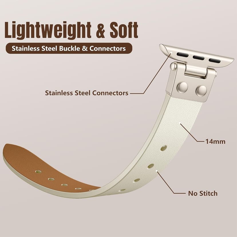 SNBLK Slim Leather Band Compatible with Apple Watch Bands for Women 40mm 41mm 42mm 44mm 46mm 49mm 38mm 45mm, Dressy Top Grain Genuine Leather Strap for iWatch SE Series 11/10/9/8/7/6/5/4/3/2/1 Ultra