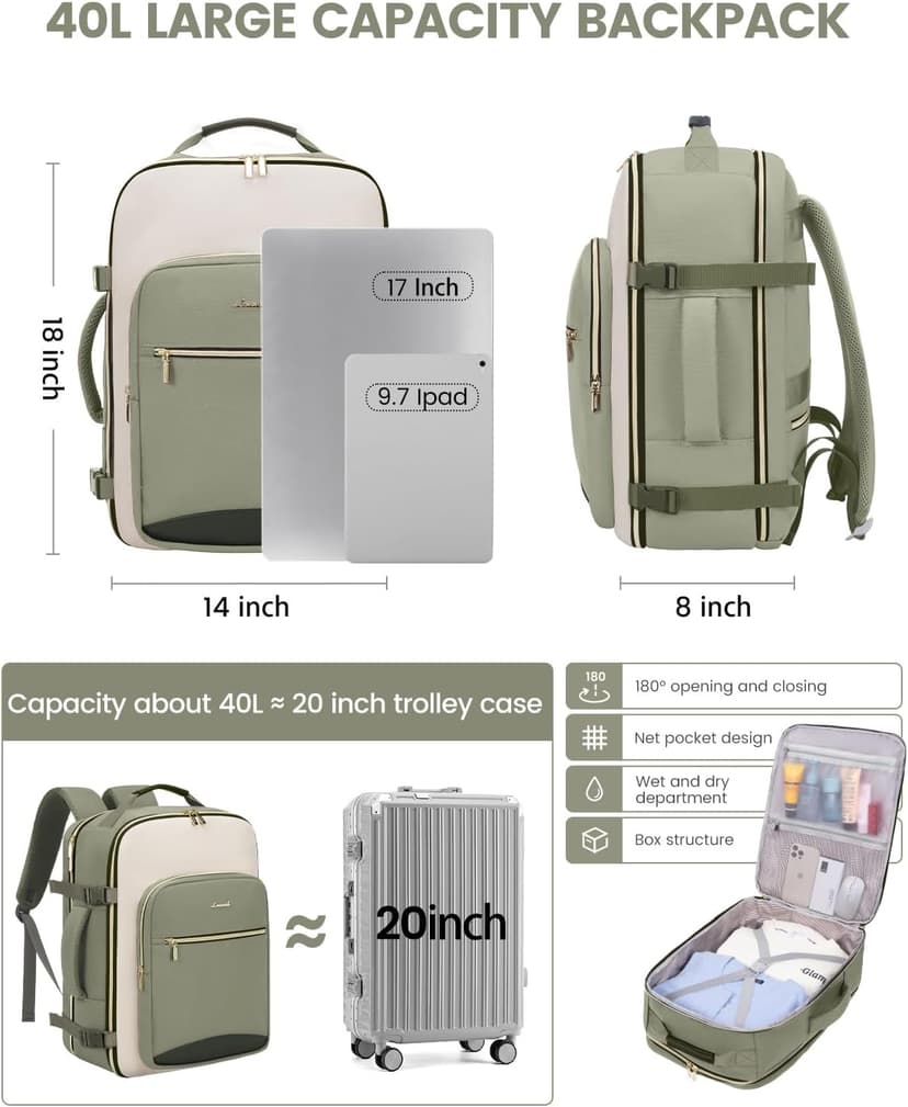 LOVEVOOK 40L Travel Backpack for Women & Men, Airline Approved Carry On Luggage with 3 Packing Cubes, TSA Overnight Bags, Waterproof Personal Item Bag, Weekender Essentials Backpacks fits 17" Laptop