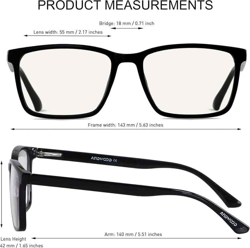 ANDWOOD Blue Light Blocking Glasses Men Women Computer Filter Large Frame Bluelight Blocker Anti Blue Ray Lightweight AR002