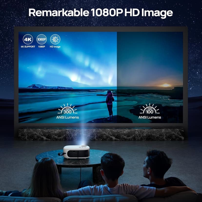 Projector with WiFi and Bluetooth, 1080P Full HD Portable Projector, 4K Supported Outdoor Projector, Lag-free 5G WIFI 6, Compatible with iPhone, Android, PC, TV Stick, PS5, Xbox