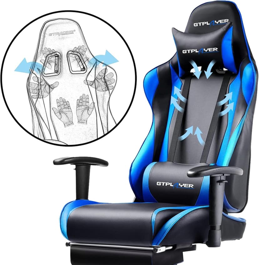 GTPLAYER Gaming Chair with Footrest, Ergonomic Computer Game Desk Chair, Reclining Game Chair Seat Height Adjustment, Swivel Rocker with Headrest and Lumbar (Blue)