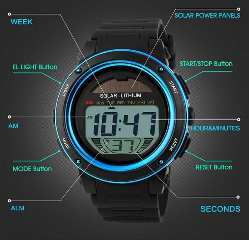 MASTOP Solar Watch Neutral LED Digital Watch Military Waterproof Sports Watch Black