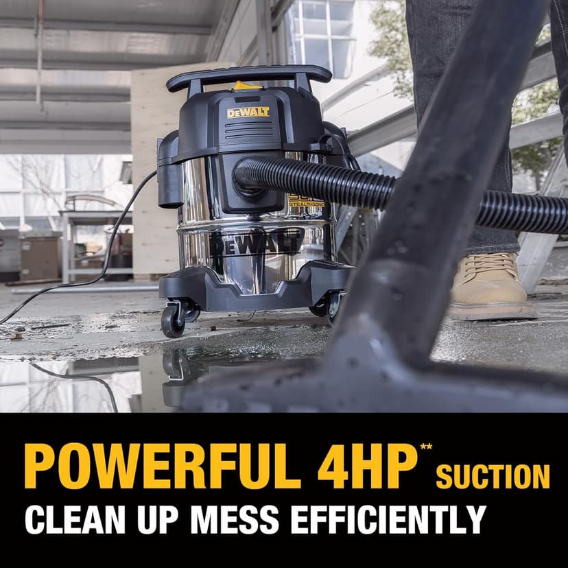 DEWALT 5 Gallon STEALTHSONIC Shop Vacuum Wet and Dry, Powerful Suction & Portable Shop Vac with Attachments, Ultra Quiet Wet Dry Vacuum for Home, Garage, Car, Workshop, Jobsite, DXV05S-QT, 4 Peak HP