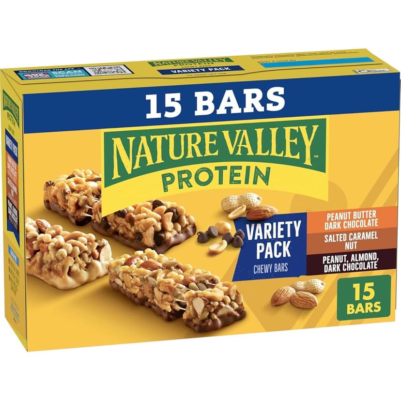 Nature Valley Protein Bars Variety Pack, Gluten Free Chewy Granola Snack Bars, 10g Protein, Peanut Butter Dark Chocolate, Salted Caramel Nut, Peanut Almond Dark Chocolate, 15 Count, 21.3 oz Box