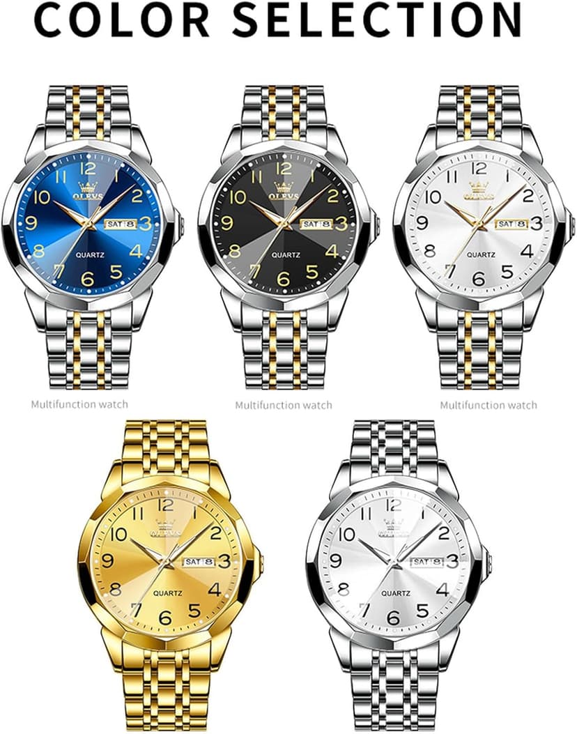 OLEVS Men's Casual Stainless Steel Watch, Big Face Easy to Read Analog Quartz Watch with Day and Date, Classic Waterproof Diamond Roman Arabic Numerals Dial Dress Watch for Men, Gold Silver Black Band
