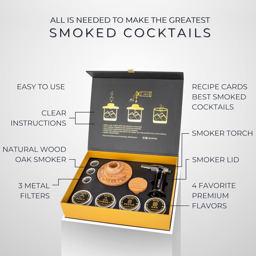 Whiskey Bourbon Smoker Kit 𝗣𝗥𝗘𝗠𝗜𝗨𝗠 Smoky bar Set. Natural American Solid Oak Smoker. A Great Home bar Gift, Easily Make The Legendary Smoked Cocktails and Old fashioneds at Home.