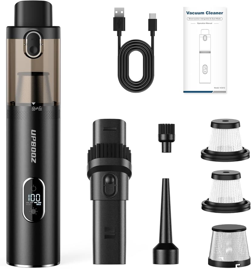 Upbooz Handheld Vacuum Cordless, Car Vacuum with 14000PA Powerful Suction with LED Light, Air Duster 2-in-1,Low Noise Rechargeable Portable Mini Vacuum Cleaner for Car Home Pet Office,Two Gears Black