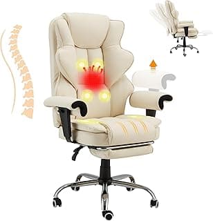 HOMREST 6-Point Massage Executive Chair,Heat Office Chair,Ergonomic Home Office Desk Chairs with Retractable Footrest and Reclining Function,Leather Computer Chair with Adjustable Armrest(‌Off White)