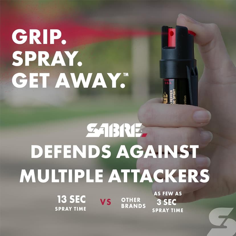 SABRE 3-in-1 Compact Defense Spray – Pepper Spray, Tear Gas & UV Dye, Max Police Strength, Belt Clip for Quick Access, 4X Longer Spray Time (Up to 13 Seconds), 0.67 fl oz, Secure & Easy Safety
