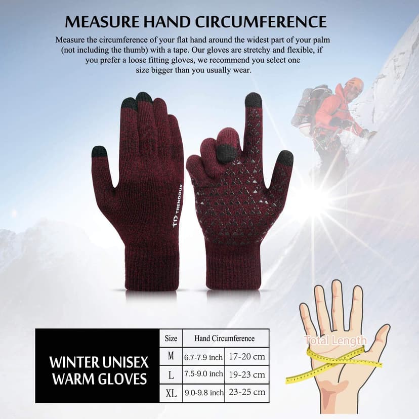 TRENDOUX Winter Gloves for Men Women - Upgraded Touch Screen Cold Weather Thermal Warm Knit Glove for Running Driving Hiking