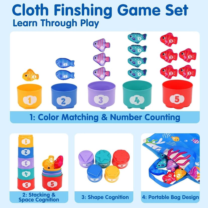 Montessori Toys for 1 Year Old - Cloth Fishing Game Toddler Toys Age 1-2 with Stacking Cups - Sorting Learning Baby Toy 12-18 Months - One Year Old Boy Girl First Birthday Gifts for 1 2 3 Year Old
