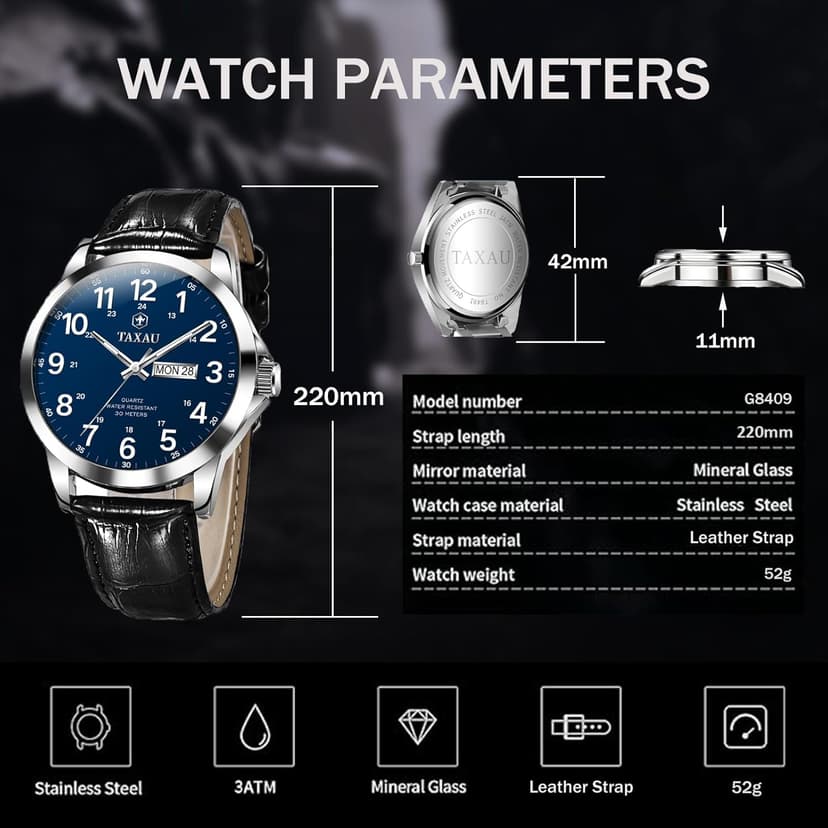 Taxau Men's Watches Leather Band Stainless Steel Quartz Analog Watch Luxury Waterproof Watches for Men Dress Men's Wrist Watch with Day Date Arabic Numeral Relojes para Hombre