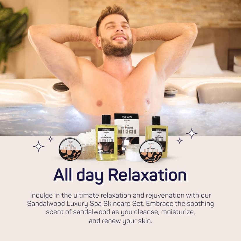 SpaLife Men's Sandalwood Luxury Spa Skincare Set - Complete Care Kit for Rugged Revitalization, Exfoliating Scrub - Bath and Body Collection for Cleansing, Moisturizing, and Rejuvenation
