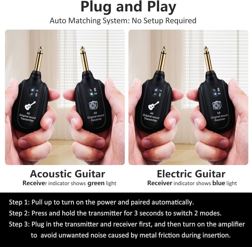 A8 Wireless Guitar Transmitter Receiver System, 2.4GHz Rechargeable, 24-bit/48KHz Audio, Low Latency <4ms for Electric Guitar & Bass, Wireless Audio Transmitter & Receiver (A8(1TX+1RX))