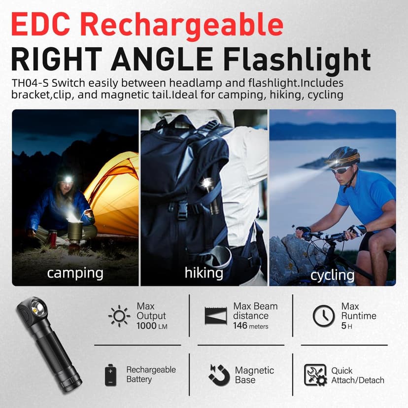 SuperFire SuperFire Rechargeable Headlamp 1000 Lumens - Waterproof Hands-Free Light with 5 Modes & Magnetic Base | Gift for Men, Dads, Outdoorsmen | Camping, Hunting, Work, Emergency (TH04-S)