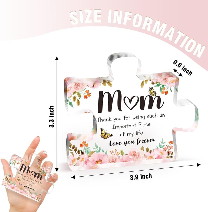 Gifts for Mom - Delicate Mom Birthday Gifts from Daughter Son - Engraved Acrylic Block Puzzle Piece 3.9 x 3.3 inch - Mothers Day Christmas Birthday Gifts for Mom, Ideas