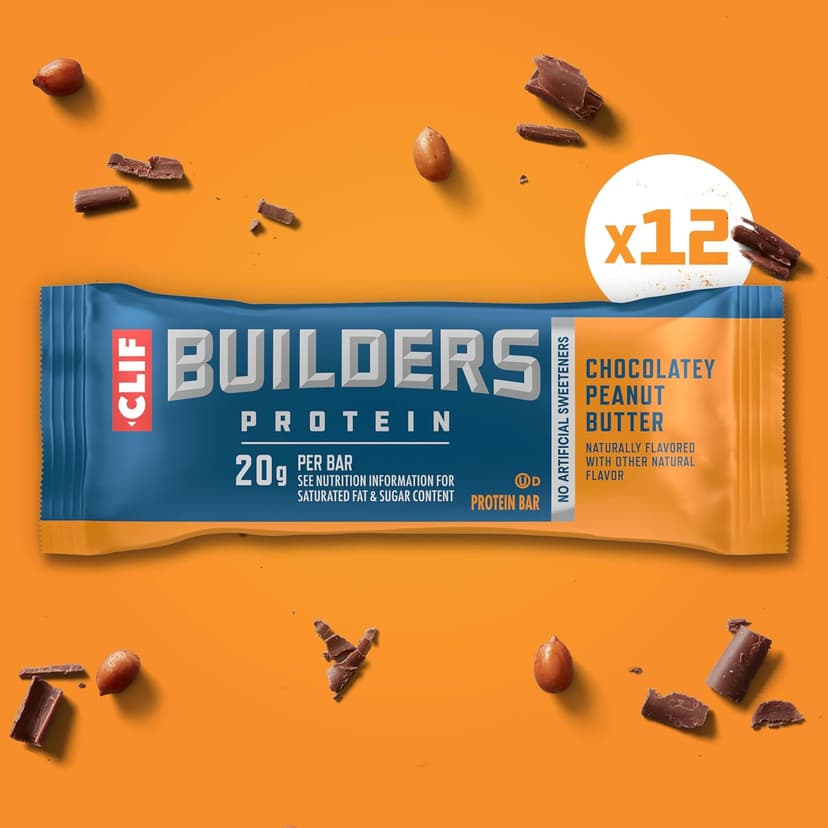 CLIF BUILDERS Protein Bars - Chocolate Peanut Butter Flavor - 20g Plant Based Protein - Gluten Free - Non-GMO - Low Glycemic - No Artificial Sweeteners - Value Pack, 2.4 oz. (12 Count)