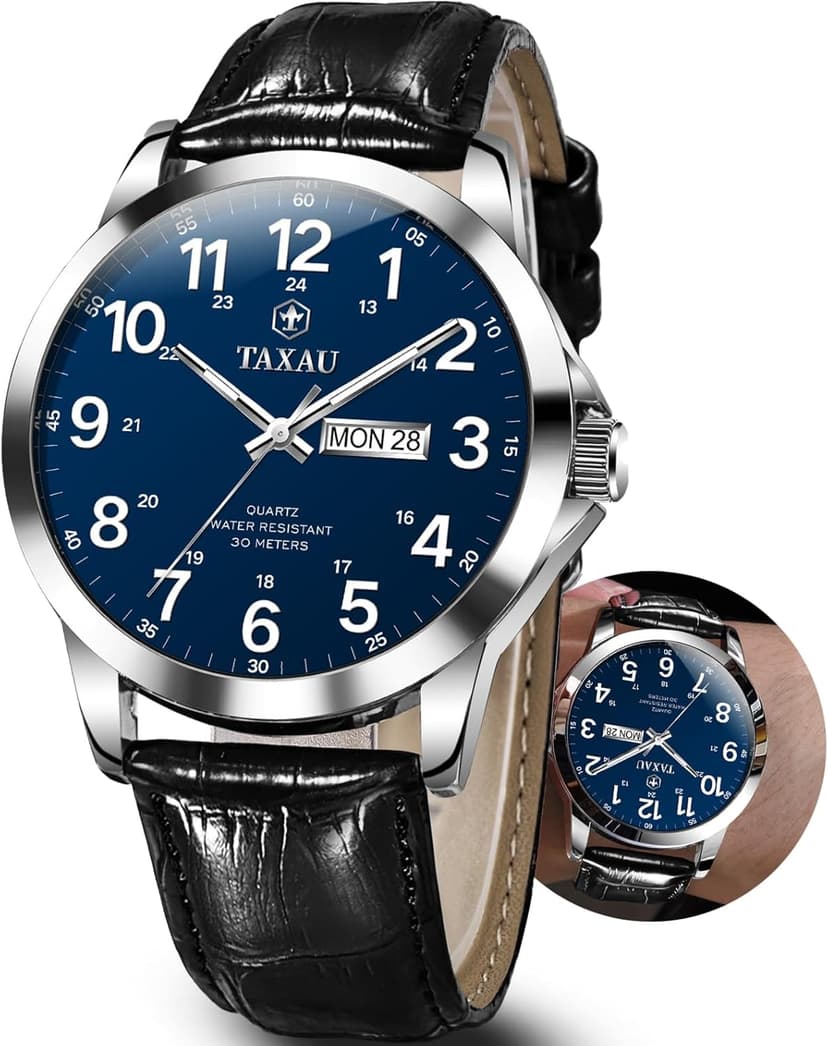 Taxau Men's Watches Leather Band Stainless Steel Quartz Analog Watch Luxury Waterproof Watches for Men Dress Men's Wrist Watch with Day Date Arabic Numeral Relojes para Hombre