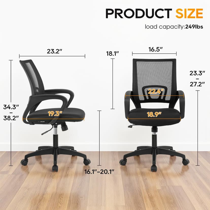 BestOffice | Ergonomic Office Chair | Mid-Back Swivel Desk Chair | Breathable Backrest & Lumbar Support | Adjustable Height | Sponge Seat | Rolling Wheels | Dark Black | for Adults & Women
