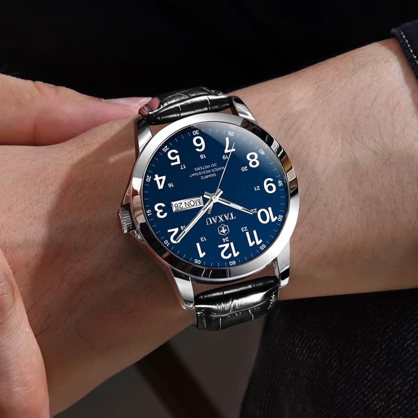 Taxau Men's Watches Leather Band Stainless Steel Quartz Analog Watch Luxury Waterproof Watches for Men Dress Men's Wrist Watch with Day Date Arabic Numeral Relojes para Hombre
