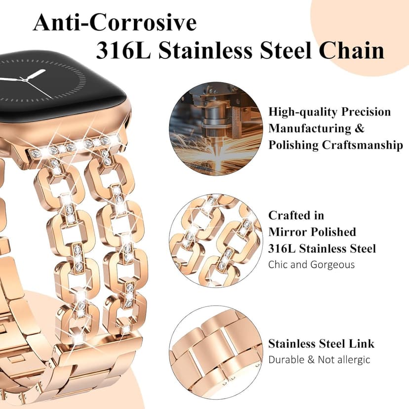 WINGLE for Apple Watch Band 42/46/38/40/41/44/45/49mm Women Designer Dressy Bands Fancy Chain Bracelet Stainless Steel Elegant Jewelry Metal Strap for iWatch Series 11 10 9 8 7 6 5 4 SE/Ultra 3 2 1