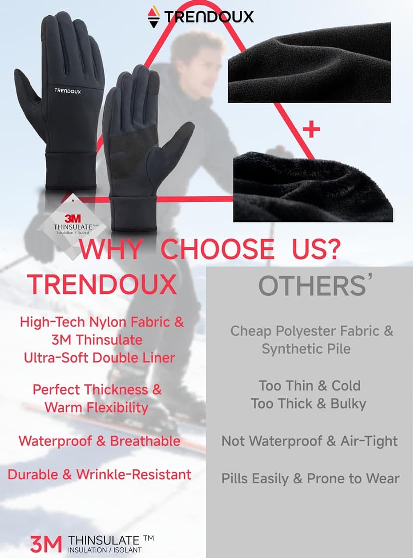 TRENDOUX Flexible Thick Winter Gloves: 3M Touchscreen Warm Gloves for Men Women, Waterproof & Windproof, Thermal Insulated