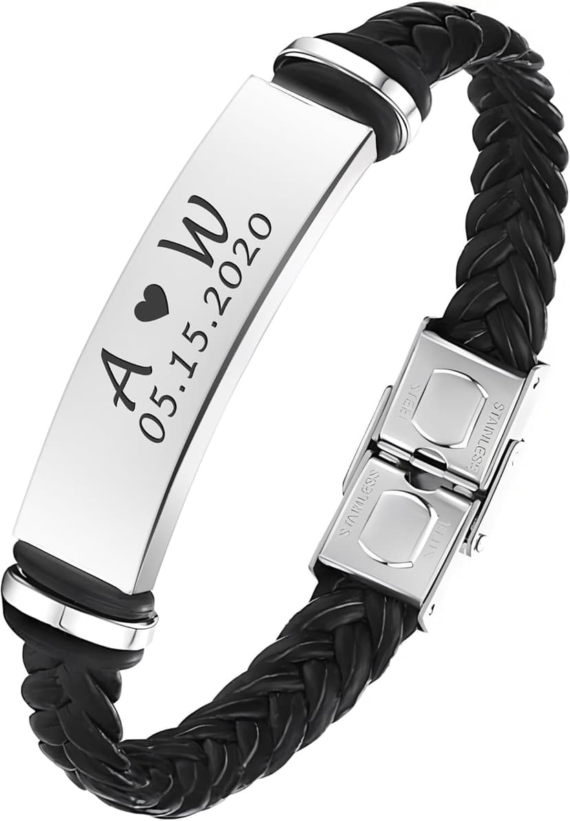 EDSG Mens Bracelet Personalized Custom Bracelets for Men Leather Engraved Bracelet Gift for Boyfriend Husband Dad Bestman Gift for Valentines Day Christmas, Birthday, Wedding, Anniversary, Father's Day