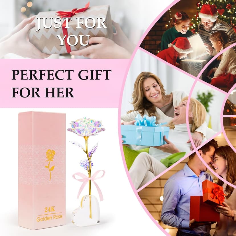 Beferr Gifts for Women Mom Galaxy Rose Glass Crystal Flowers with Heart-Shaped Base Eternal Roses Forever Flowers Mother's Birthday Gifts for Grandma Daughters Wife Sister Kids