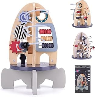 Wdmiya Space Wooden Activity Cube Toys for Baby, Montessoritoys for 1 Year Old Boy & Girl Birthday Gifts, Sensory and Educational 1st Birthday Gifts, Busy Board Toys for Baby Boy 6-18 Months (Rocket)