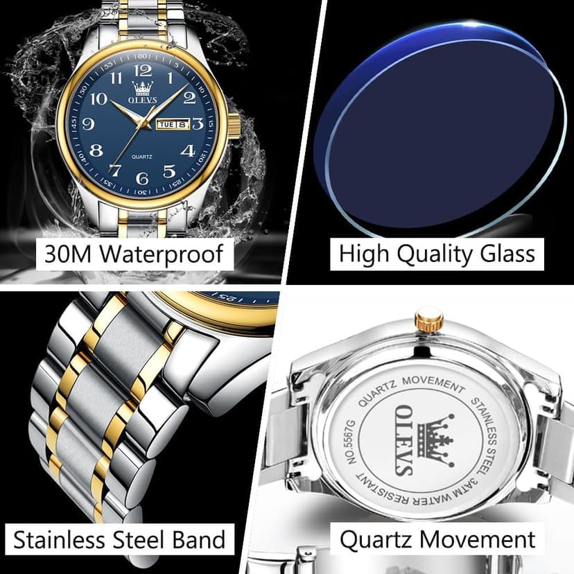 OLEVS Men's Casual Stainless Steel Watch, Big Face Easy to Read Analog Quartz Watch with Day and Date, Classic Waterproof Diamond Roman Arabic Numerals Dial Dress Watch for Men, Gold Silver Black Band