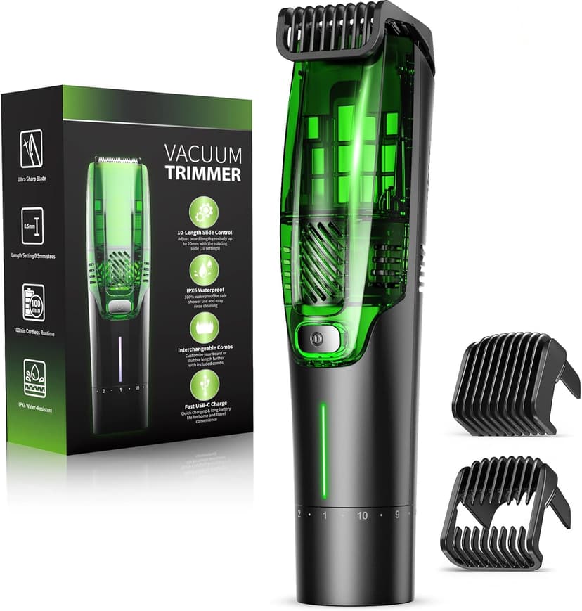 Beard Trimmer for Men: All-in-One Vacuum Mustache Trimmer With Precision Dial,Adjustable 20 Length Setting Premium Facial Hair Groomer with Length Comb USB-C Recharge, Waterproof Wet/Dry Clipper
